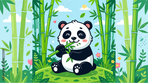 Cute panda bear enjoying bamboo in a lush green forest scene.
