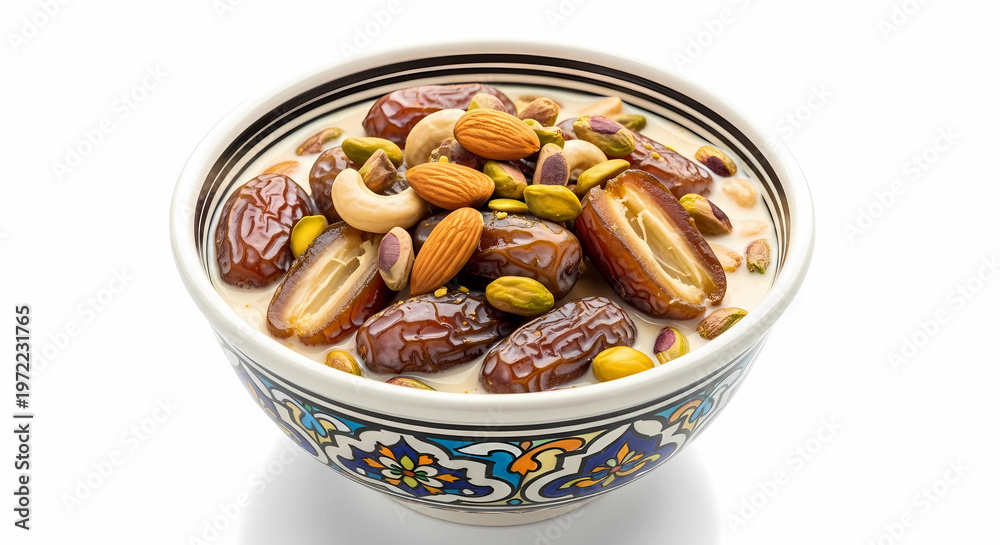 Fototapeta premium Traditional Dates and Milk Dish with Almond Pistachio Pieces