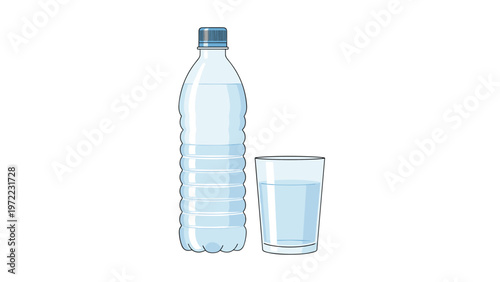 Clear plastic water bottle filled with clean drinking water stands next to a full glass of water on a plain white background.