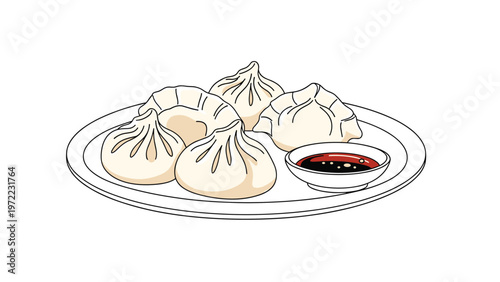 White plate holds several steamed dumplings or buns served with a small dipping bowl of dark soy sauce on a white background.