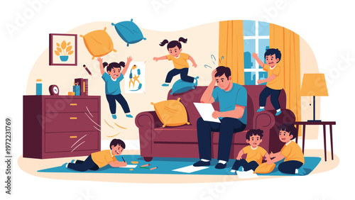 Stressed father sitting on a sofa while his many children create chaos by jumping, drawing, and fighting in the living room.