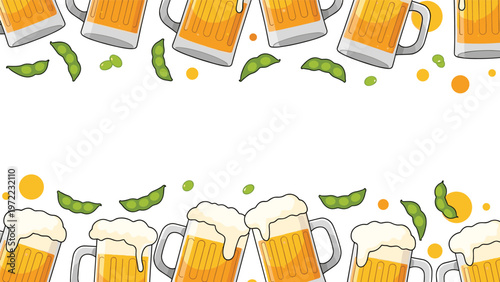 Top and bottom borders decorated with frothy mugs of beer and green edamame soybean pods against a white background with yellow circles.