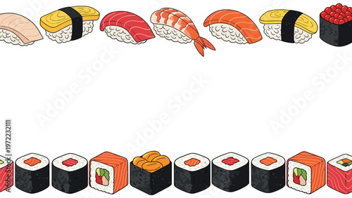 Long border design composed of many types of sushi including nigiri, maki rolls, and gunkan maki against a white background.