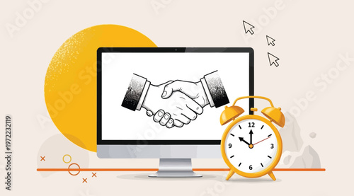 Digital handshake on computer screen with alarm clock, business agreement and time management concept