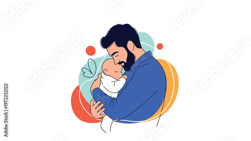 Loving father with a beard wearing a blue shirt gently holds and cuddles his sleeping baby against a colorful abstract background.