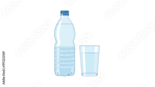 Simple blue-outlined illustration of a plastic water bottle and a full glass of water isolated on a plain white background.