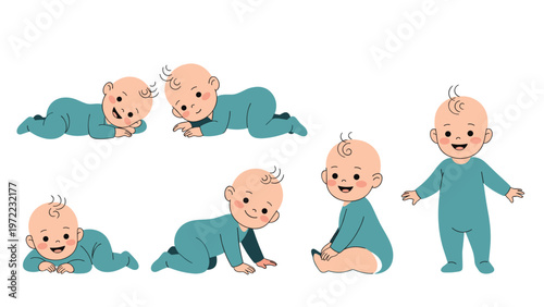 Adorable baby character set showing infants in various stages of physical development from crawling and sitting to standing and taking first steps.