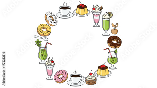 Large circle arrangement features various sweet treats like donuts, pudding, ice cream sundaes, coffee, and green tea lattes.