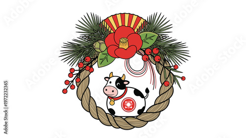 Traditional japanese new year shimenawa wreath decorated with pine, camellia flowers, and berries contains a cute spotted cow.
