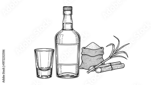 Vintage style hand-drawn sketch of a rum bottle with a blank label next to a shot glass, bag of sugar, and fresh stalks of sugarcane on white.
