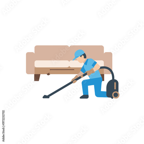 ソファの前で掃除機を使って掃除している男性のイラストです。