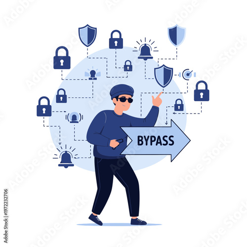 セキュリティシステムを回避しようとする人物と、ロックとシールドのアイコンが描かれたデジタル背景。