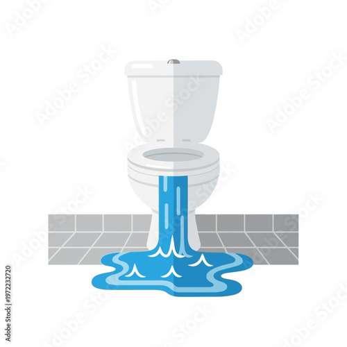 トイレから水が漏れ出し、床に水たまりができている様子を示すイラストです。