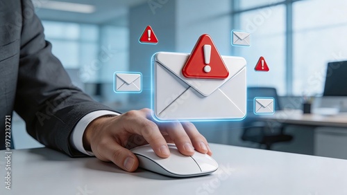 Businessman using computer mouse with digital email envelope and red warning sign representing cybersecurity threat phishing attack spam alert data breach internet safety and