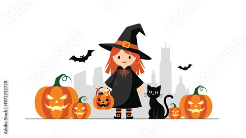 Cute little girl dressed as a witch standing with a black cat and carved pumpkins against a city skyline, perfect for Halloween celebrations.