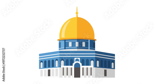 ドーム型の屋根を持つ建築物のイラストで、青と黄色の配色が特徴的です。