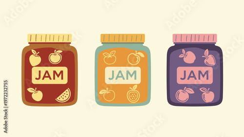 Three jars of homemade fruit jam in different flavors and colors with illustrated labels, highlighting sweet preserves and kitchen pantry items.