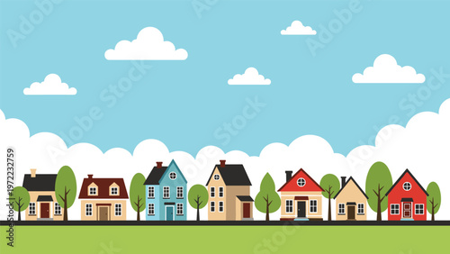 Charming row of colorful houses with trees under a blue sky with white clouds, representing a peaceful suburban neighborhood or residential area.