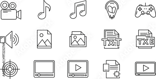 Vector Icons Set of Media Files Including Audio, Video, Images, Text, and Game Controllers for Digital Content Design Projects