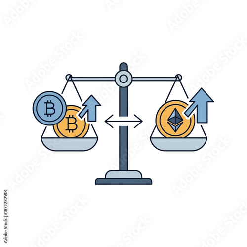ビットコインとイーサリアムの価格変動を示すバランススケールのイラスト。
