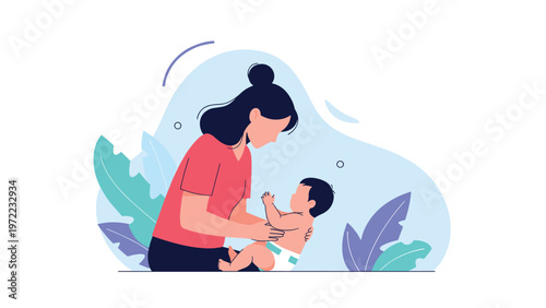 Loving mother holding her small baby in a gentle embrace surrounded by soft abstract shapes and leaves, symbolizing maternal care and affection.