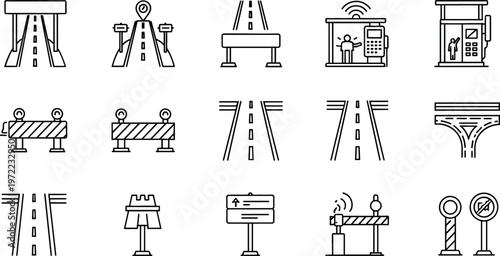 Vector Icons Set of Roads, Toll Booths, Barriers, and Traffic Signs for Transportation and Infrastructure Design Projects