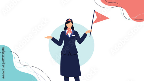 Professional female tour guide or flight attendant in a dark uniform holding a small red flag while gesturing, ideal for travel and service themes.