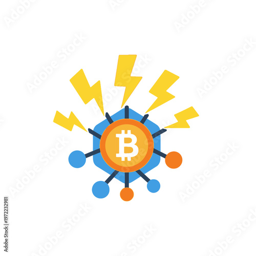 ビットコインのシンボルを中心に、雷と線が放射状に広がるデジタル通貨のイラストです。