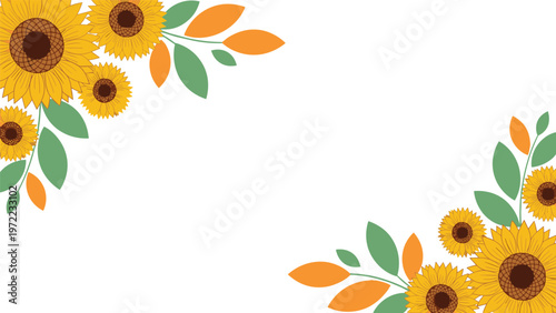 Decorative sunflower corners with green and orange leaves on a white background, perfect for autumn invitations or summer greeting card designs.