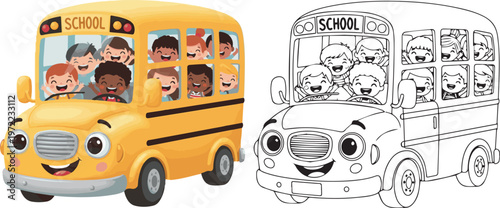school bus vector illustration of children learning kid color book