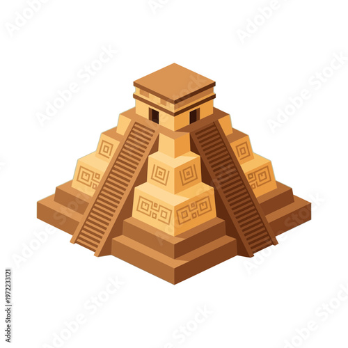 マヤ文明のピラミッドのイラストで、階段と装飾が特徴的です。