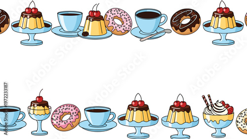 Sweet dessert border featuring pudding with cherries, donuts with sprinkles, coffee cups, and chocolate treats for cafe and bakery menus.