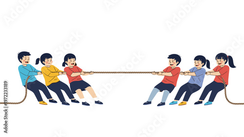 Group of primary school children playing a competitive game of tug-of-war on a white background, representing teamwork and school sports events.