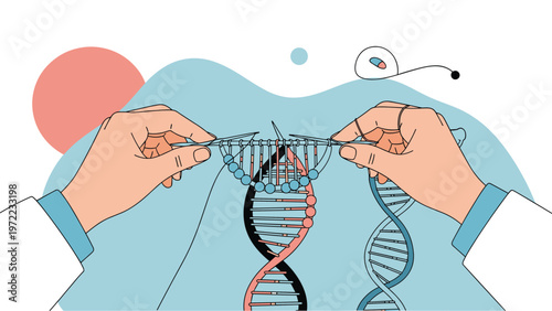 Conceptual illustration of scientific research showing hands in a professional lab coat knitting a colorful double helix DNA strand with needles.