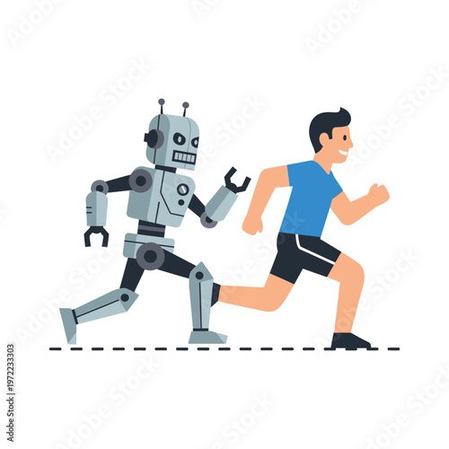 ロボットと少年が一緒に走っている様子を描いたイラストです。