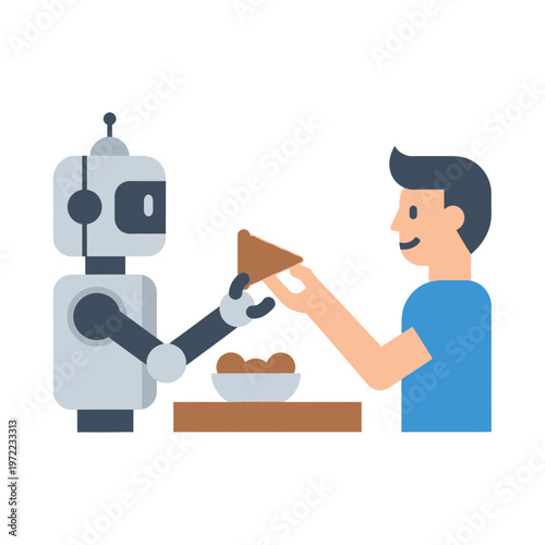 ロボットと少年が一緒にピザを持ち上げている様子を描いたイラスト。