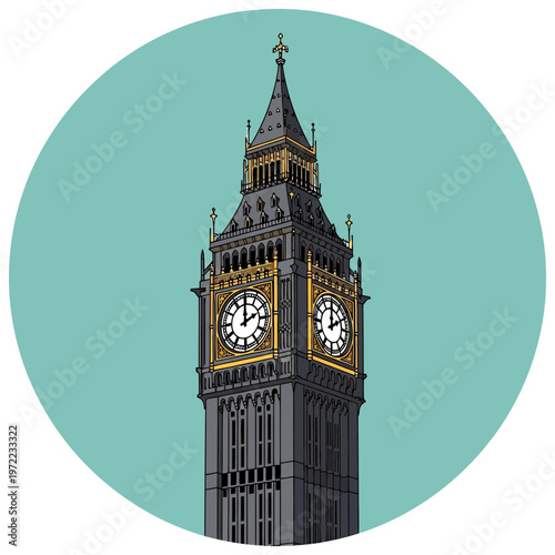 ロンドンのビッグベンの時計塔のイラストで、詳細な建築デザインと時計部分が特徴的です。