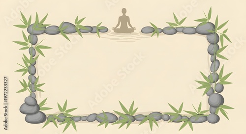 Serene yoga frame meditative silhouette within a natural stone and lush greenery border