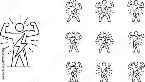 Vector Icons Set of Energized Person with Lightning Bolt Representing Power, Strength, and Fitness for Wellness Design Projects