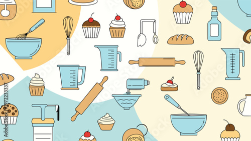 Seamless pattern background featuring various baking ingredients and kitchen tools like mixers, rolling pins, cupcakes, and blue measuring cups.