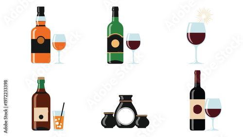 Assortment of alcoholic beverages including bottles of whiskey, wine, and sake paired with their respective glasses on a clean white background.