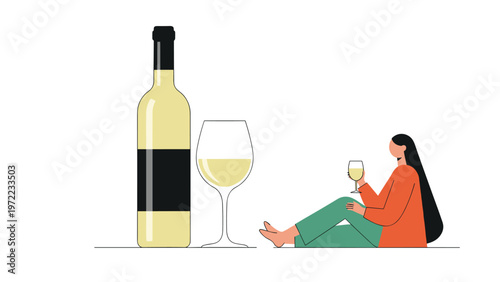 Young woman sitting on the floor relaxing with a large bottle and glass of white wine, illustrating leisure time and solo enjoyment at home.