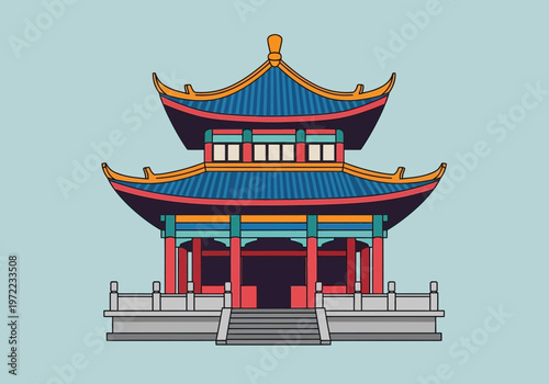 伝統的な中国の建築様式を持つ多層の亭子のイラスト。屋根は曲線的で装飾的なデザイン。