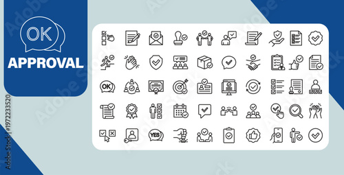 Approval and validation concept banner with checklist verification and confirmation line icons set