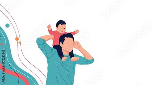 Happy father carrying his laughing toddler on his shoulders against a background of abstract blue and red lines, celebrating family bonding time.