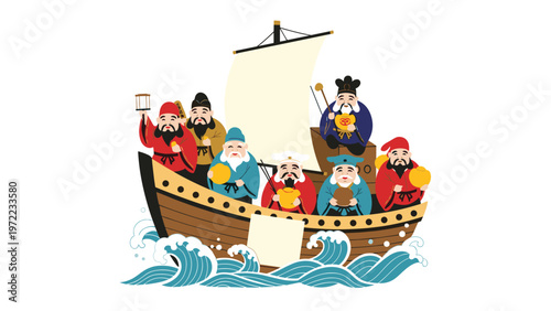 Traditional Japanese Seven Lucky Gods sailing on a treasure ship through blue waves, representing good fortune and wealth in Japanese folklore.
