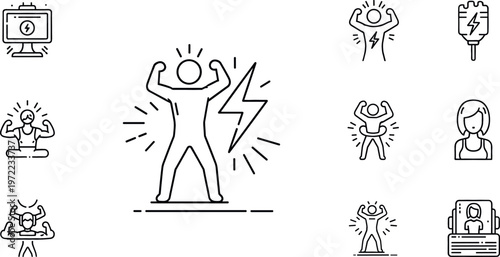Vector Icons Set of Strength, Power, Energy, and Fitness Symbols for Wellness and Physical Health Design Projects