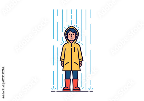 傘をさしながら雨の中に立つ女性のイラスト。レインコートと長靴を着用している。