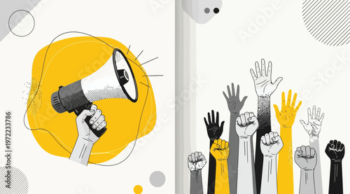 Protest and activism concept with a hand holding a megaphone and a crowd of people raising their hands and fists in support