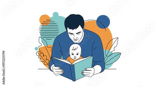 Caring father reading a picture book to his young baby in a cozy setting with abstract shapes, promoting early childhood literacy and bonding.